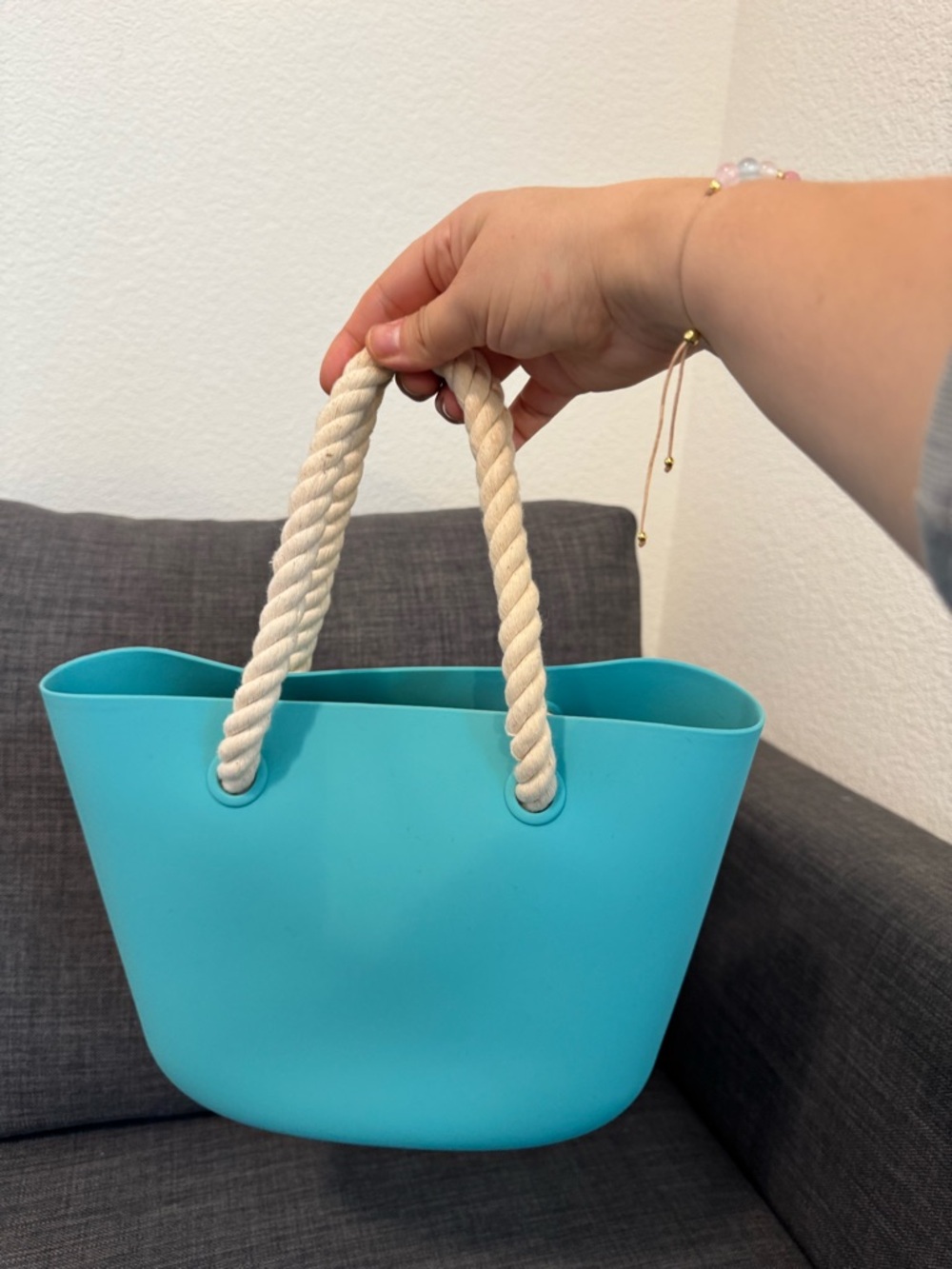 Turquoise Tote with Cream Rope Handles - Picture 3 of 10